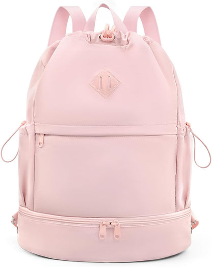 RHDZO Drawstring Backpack Sports Gym Bag with Shoe Compartment and Wet Pocket String Swim Bag for Women Men Beach Backpack, Pink