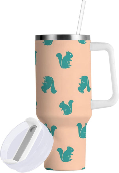40 oz tumbler with handle and straw Blue Squirrel Pattern on Peach Stainless Steel Tumbler Leakproof Water Bottle Vacuum Insulated Cups With Lid Travel Mug For Car Cup Holder,