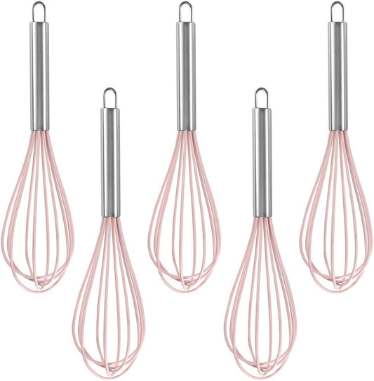 5-Piece Silicone Whisk Stainless Steel Handle, 10-Inch Kitchen Egg Beater Milk Frothers for Cooking, Classic Mixer Balloon Wire Whisk for Blending, Whisking, Beating and Stirring (Pink)