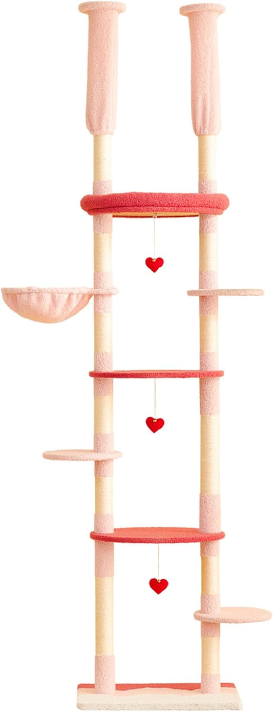 Cat Tree, Floor to Ceiling Cat Tower Adjustable Height[92-102 Inches=234-258cm], 7 Tiers Cat Climbing Tree with Hammock, Platforms and Fully Sisal Scratching Posts for Indoor Cats,Red and Pink