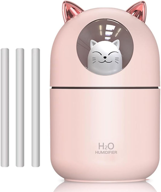 Portable Small Humidifier, YIMIKE 300ml Mini Cool Mist Humidifier with Night Light, USB Personal Humidifier Auto Shut-Off, Ultra-Quiet, 2 Spray Modes, Suitable for Home Office Travel (Light Pink)