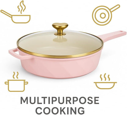 SKYREN 4 Quart Cast Aluminum Jumbo Cooker with Lid – Pink Lightweight Kitchen Pan for Everyday Preparations, Even Heating Base for Stews, Sauces and Cooking Projects