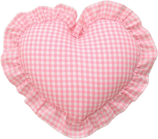 Ruffled Checkered Love Throw Pillow, Decorative Grid Cushions, Heart-Shaped Pillow for Wedding Home Decoration, Insert Included (Pink)