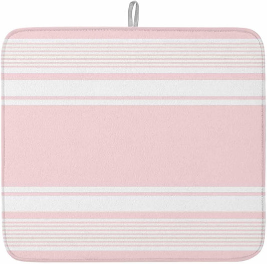Pink Striped Dish Drying Mat 1 Pack, Modern Classic Stripe Rustic Country Farmhouse Absorbent Heat Insulating Kitchen Drying Pad Drainer Mats for Sink Counter Pot Dishes 16 X 18 Inch