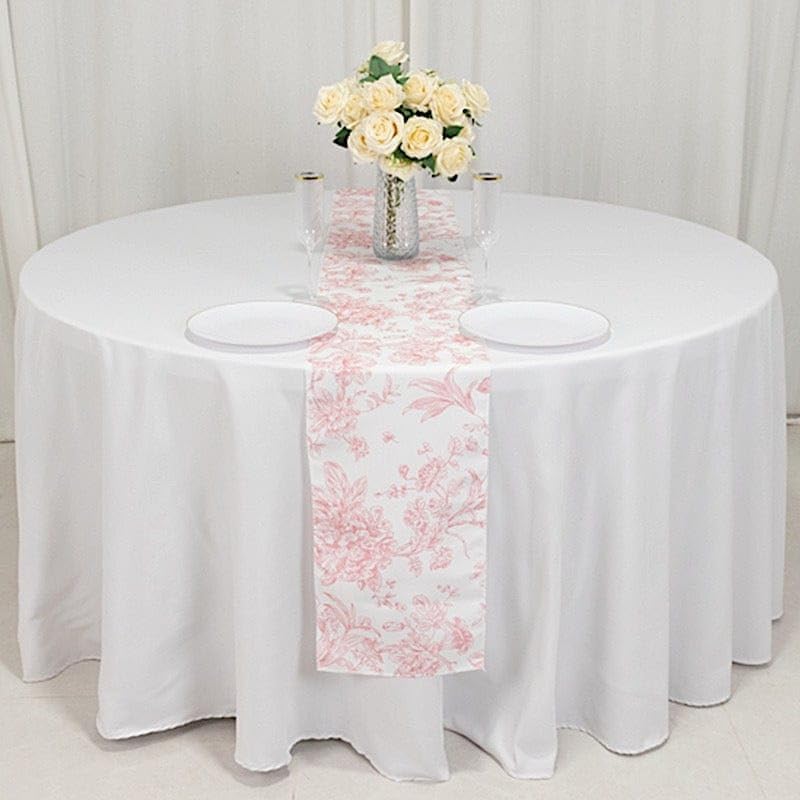 12 x 108-Inch White with Pink Floral French Toile Polyester Table Top Runner Wedding Party Event Reception Occasions Linens Decorations