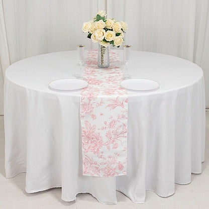 12 x 108-Inch White with Pink Floral French Toile Polyester Table Top Runner Wedding Party Event Reception Occasions Linens Decorations