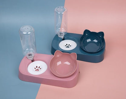 Cat Bowl, Cat Food and Water Bowl Set, 15 ° Tilted Cat Food Bowl, Cat Bowl with Automatic Water Dispenser Bottle, Detachable Wet and Dry Cat Dishs for Indoor Cats Small Dogs Puppy-Pink