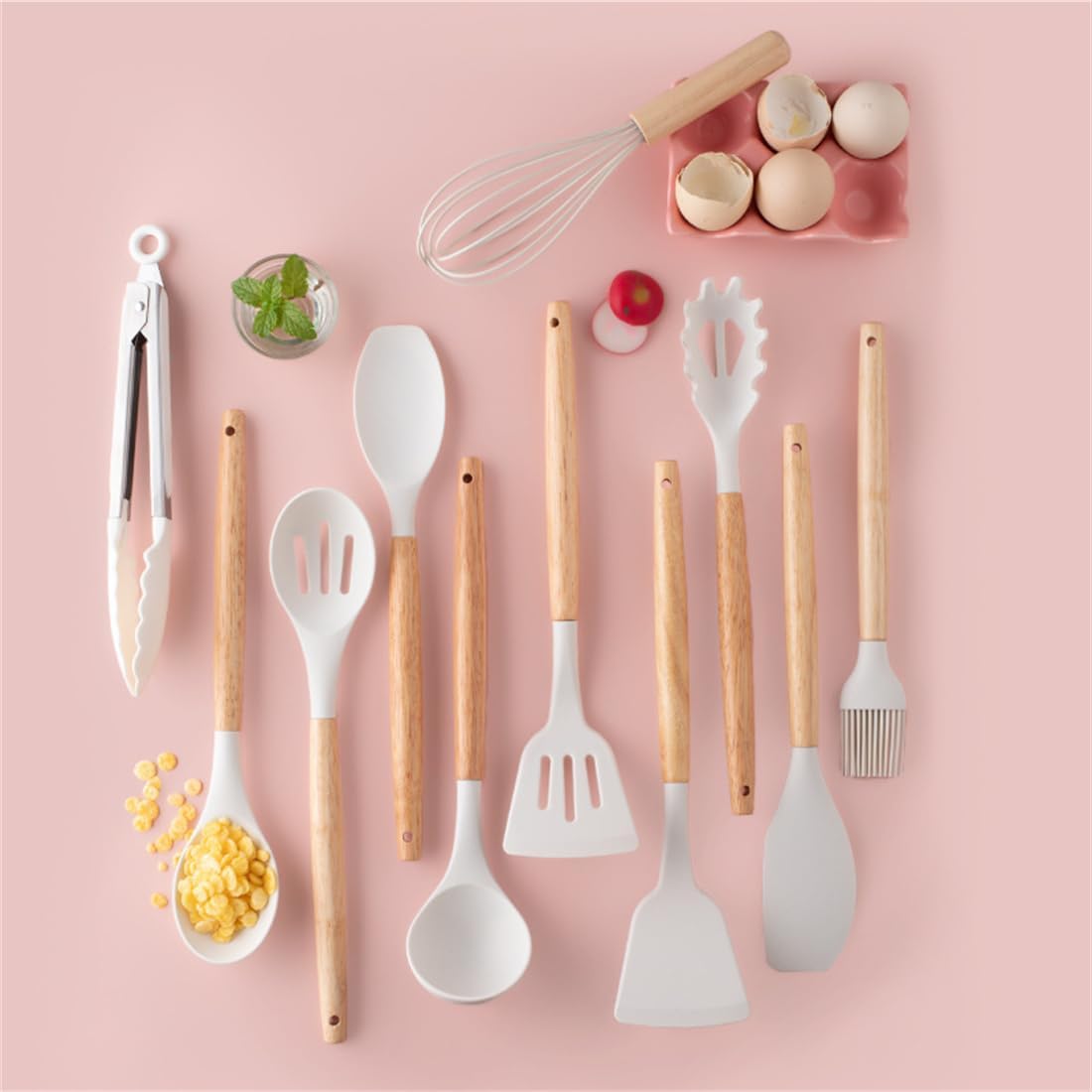 19 Pieces Kitchen Cooking Utensils and Knife Set with Holder Block, Include 11 Pcs Silicone Cooking Utensils 5 Pcs Sharp Stainless Steel Knives Scissors Whisk Tongs and Cutting Board (PINK)