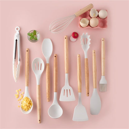 19 Pieces Kitchen Cooking Utensils and Knife Set with Holder Block, Include 11 Pcs Silicone Cooking Utensils 5 Pcs Sharp Stainless Steel Knives Scissors Whisk Tongs and Cutting Board (PINK)