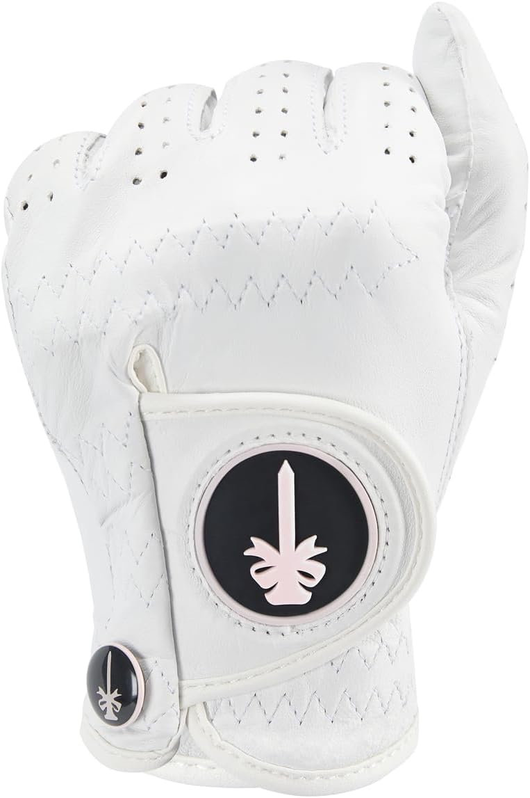 PINKTEE Golf Glove Women Left Hand Premium Cabretta Leather with Pink Marker All Weather Golf Gloves for Ladies Size Small Medium Large