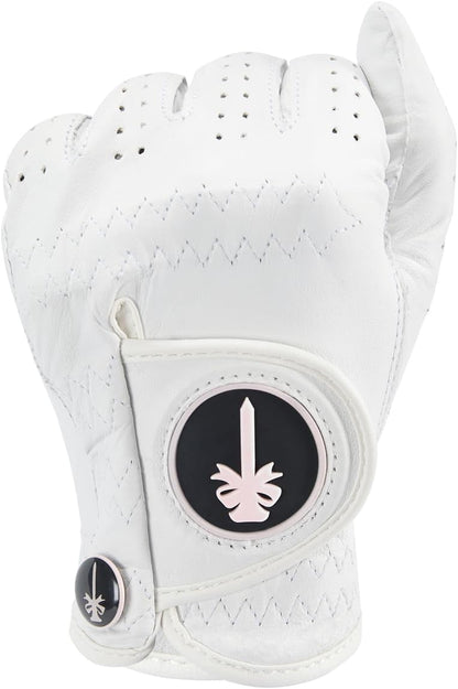 PINKTEE Golf Glove Women Left Hand Premium Cabretta Leather with Pink Marker All Weather Golf Gloves for Ladies Size Small Medium Large