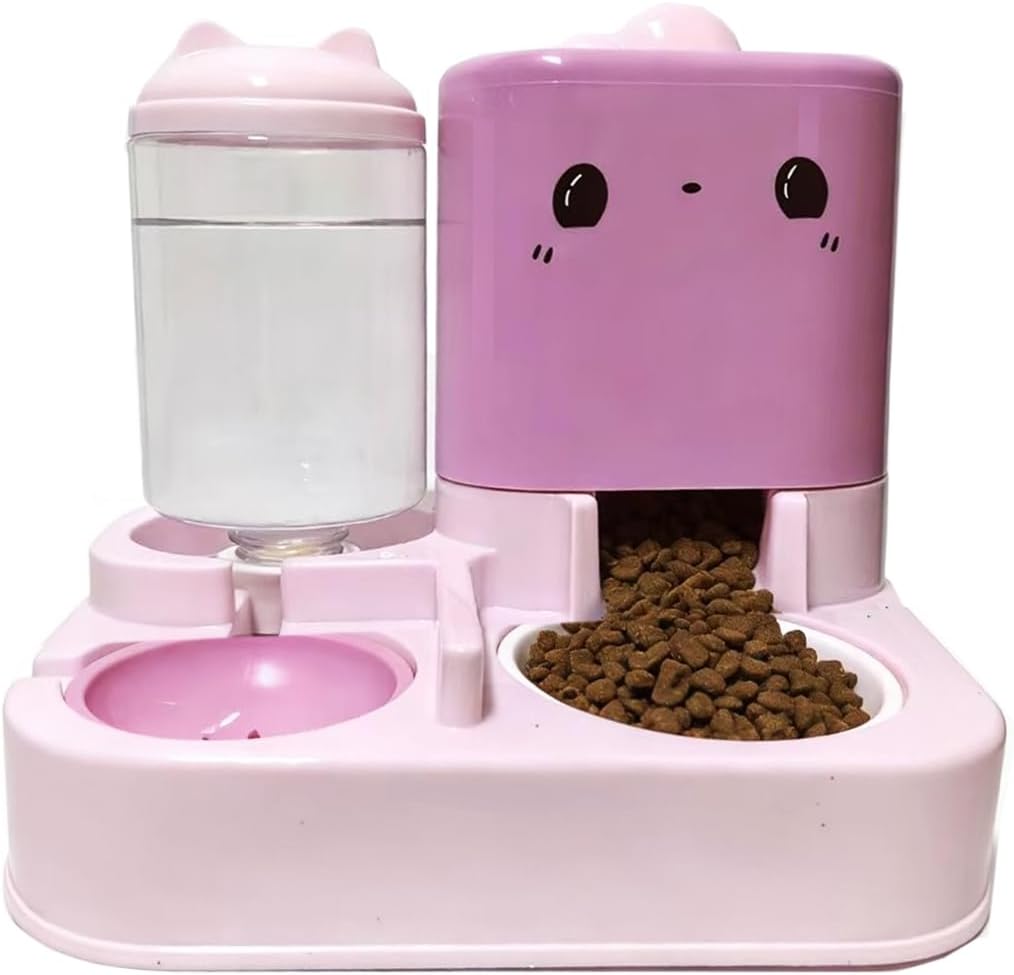 Pet Automatic Feeder Dog Cat Feeding Bowl and Water Dispenser with Refillable Storage Container Large Capacity Rabbit Feeder Watering (Pink)
