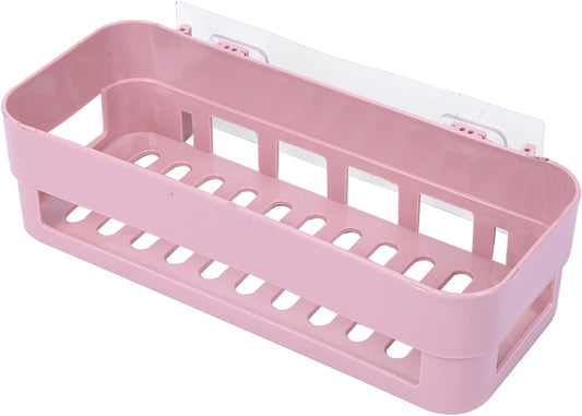 Wall Storage Self Basket with Stick Type, Strong Plastic Stick Tape Shower Shelves Organizer, No Drilling and Large Bearing Bathroom Caddy Hanging Organizers for Smooth Surface (Pink)