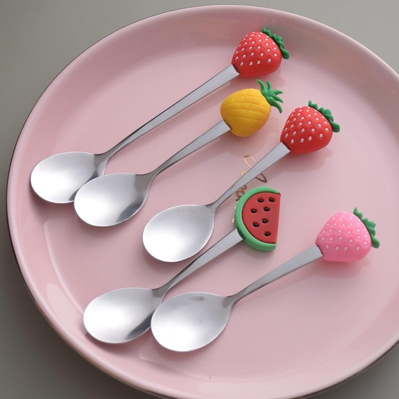 Silverware Flatware Set, 1/4/6/8/10/12 Pcs Creative Cute Fruit Spoon Household Stainless Steel Stirring Spoon Short Handle Spoon Yogurt Ice Cream Spoon Dessert Spoon(Pink,12 Pieces)