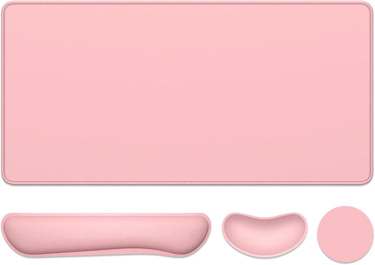 Dapesuom Keyboard Wrist Rest Mouse Pad Set, 4Pcs Extended Large XXL Gaming Mousepad + Mouse Wrist Cushion + Memory Foam Keyboard Wrist Support + Cup Coaster, Pink 31.5x15.7in Desk Pad for Home Office