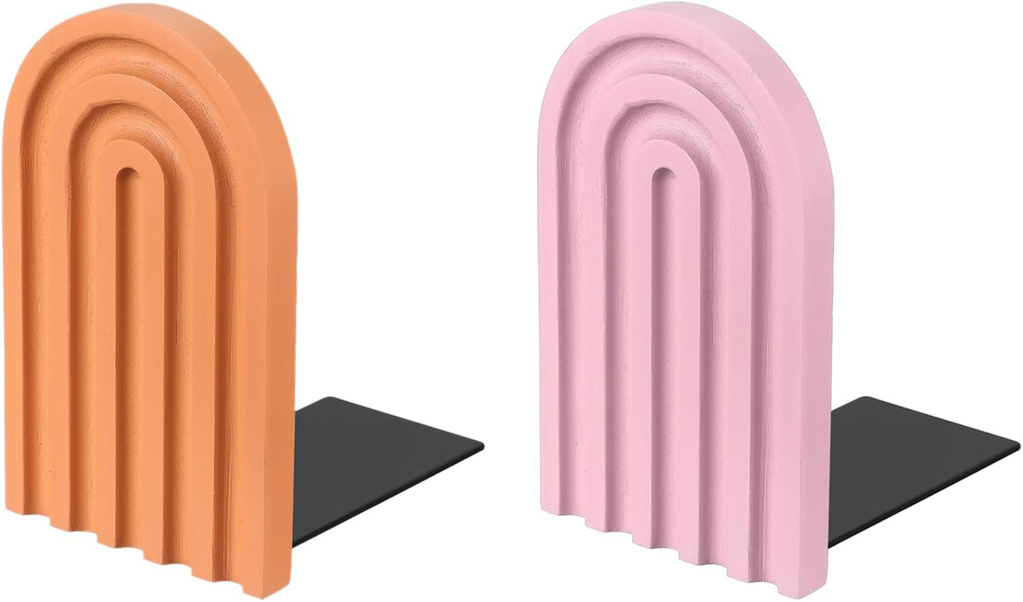 PATIKIL 2Pcs Boho Arch Bookends, Non-Skid Wood Book Ends Rainbow Wooden for Shelves Book Stopper Stand Cute for Holding Books Movie Home Office Library Decorative, Light Orange/Pink