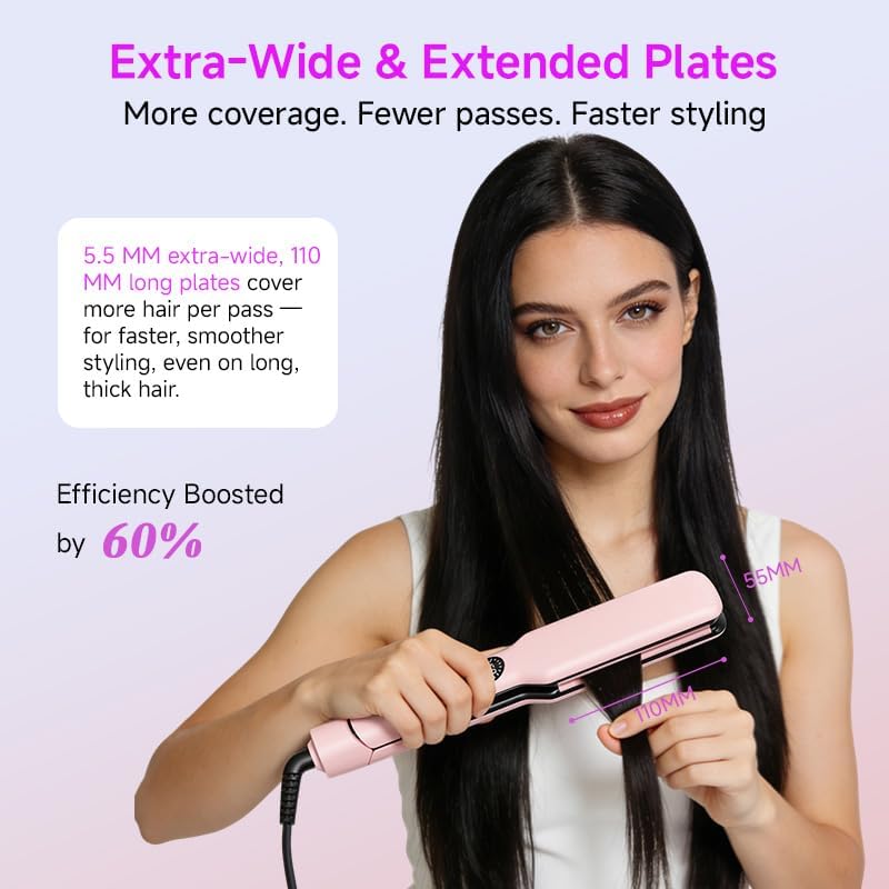Professional Flat Iron,11 Temps,Fast Heat-Up,Wide Hair Straightener, Ceramic Floating Plate with LED Display, Negative Ion, Auto Shut-Off & Global Voltage, Pink