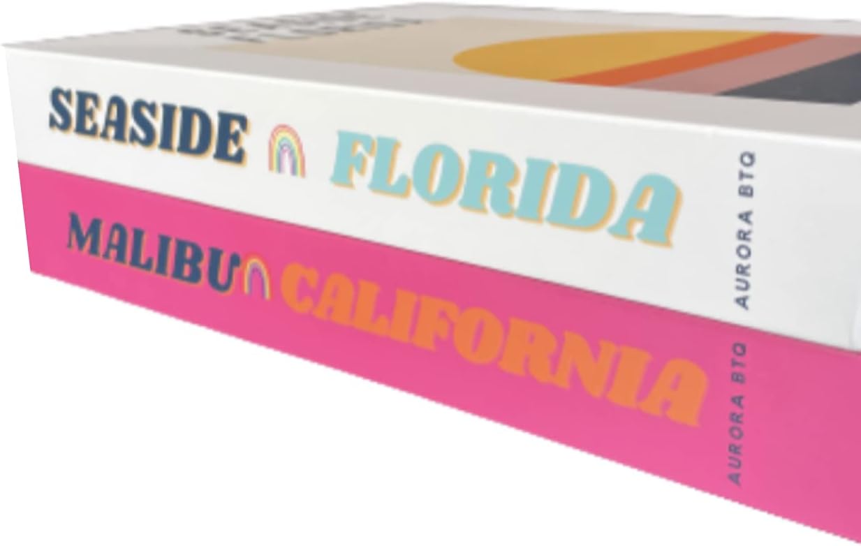 Decorative Books in Pink and White Malibu Seaside Teen Girls, Women Modern Preppy Aesthetic Stacked Home Book Decor Bookshelf & Coffee Table Decor Faux Books College Dorm AuroraBTQ Set of 2