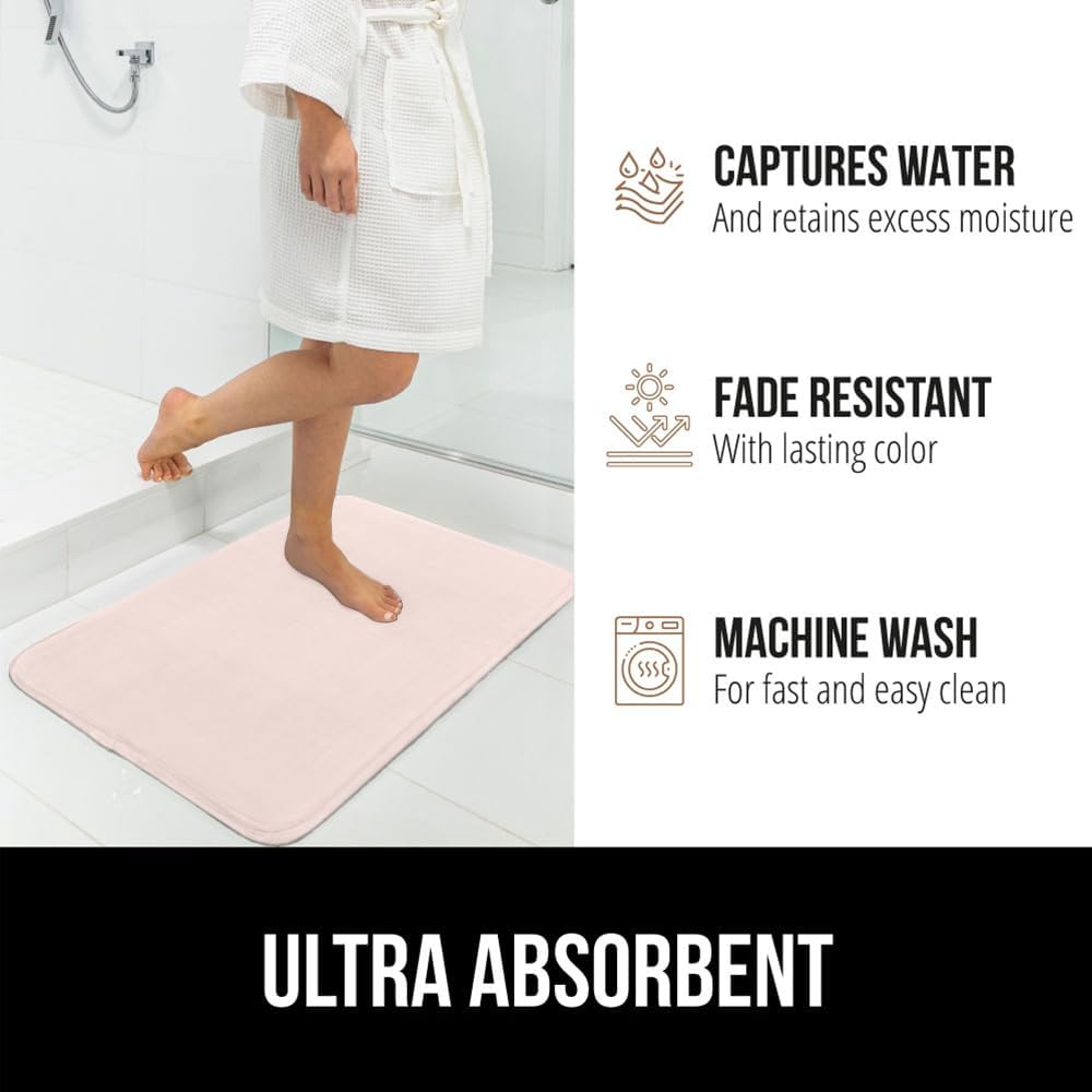 GORILLA GRIP® Memory Foam Bath Mat, Soft Absorbent Velvet Bathroom Mats, Durable Dots on Underside, Machine Washable Bathmat, Carpet Rug Room Decor for Shower Tub Floor RV, 24x17 Rugs, Pink