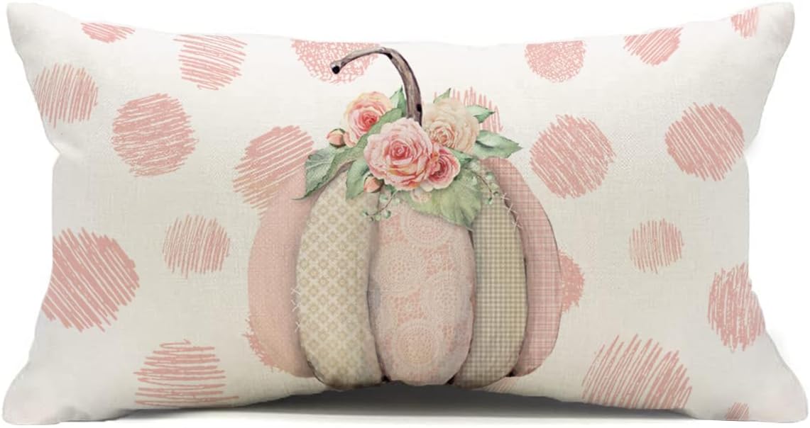 Fall Pumpkin Pillow Covers 12x20 Polka Dot Pumpkin Flower Pillows Seasonal Autumn Thanksgiving Farmhouse Decorative Lumbar Throw Pillow Cushion Cases for Sofa Couch (Pink)