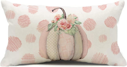 Fall Pumpkin Pillow Covers 12x20 Polka Dot Pumpkin Flower Pillows Seasonal Autumn Thanksgiving Farmhouse Decorative Lumbar Throw Pillow Cushion Cases for Sofa Couch (Pink)