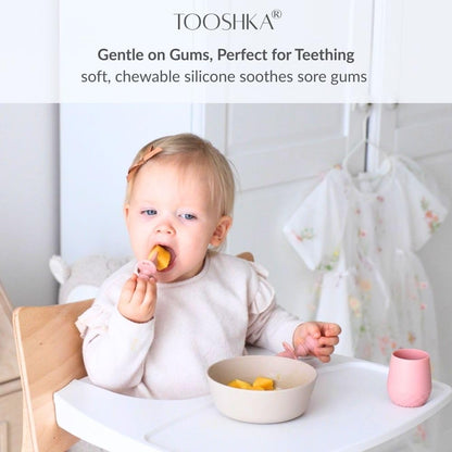 Tooshka® Baby Utensil Set (3 pcs) - Self Feeding Spoons and Tiny Cup - Silicone & BPA Free - Baby-Led Weaning (BLW) Supplies - Ages 6+ Months - Pink Baby Cup & Utensils