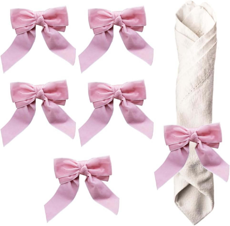 Bow Napkin Rings, 6Pcs Pink Ribbon Candlesticks Decorative Napkin Buckles for Christmas Holiday Dinner Wedding Party Table Decor