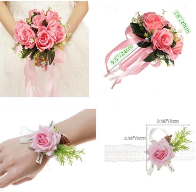 Wedding Bouquets for Bride with Rose Flower Wrist Artificial Flower Bridesmaid Bouquet Faux Silk Ribbon for Wedding Valentine's Day Party Prom Decorations (Pink)