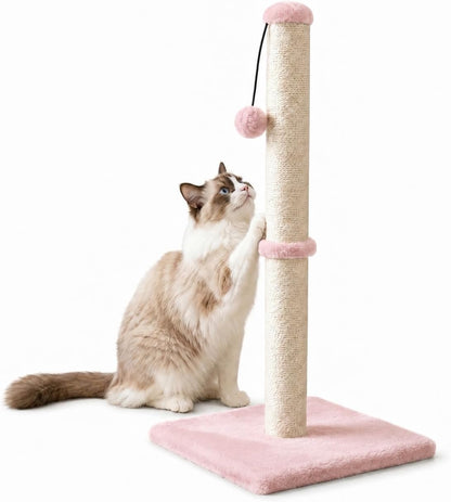Dimaka Tall Cat Scratching Post, Claw Scratcher with Sisal Rope and Covered with Soft Smooth Plush, Vertical Scratch [Full Strectch] for Standard Size Cats (Pink, 29 inches for All Cats)