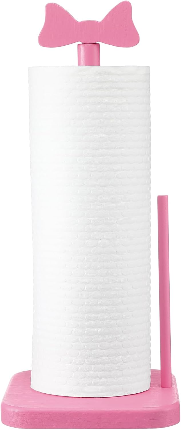 Leinuosen Pink Bow Paper Towel Holder Coquettish Cute Bow Wooden Paper Towel Holder Pink Bathroom Countertop Accessories Kitchen Roll Stand Organizer Standing Apartment Decor Housewarming Gift