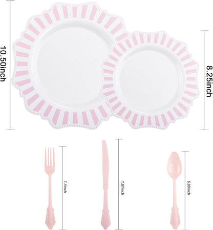 COLOSUS 150pcs Disposable Pink and White Stripped Plastic Plates and Silverware set, Light Pink Dinner/Dessert Plates silverware serve 30guests for Easter Day, Wedding Party and Daily use.
