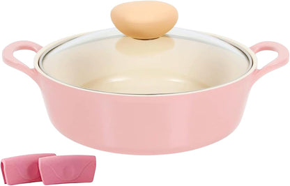 Neoflam Retro 2.0QT Low Stock Pot with Lid – 8.7" (22cm) Nonstick Ceramic Coated Casserole Pot for Soup, Pasta, Stew, Dishwasher Safe, Elegant Pink Cookware for Everyday Use, Made in Korea