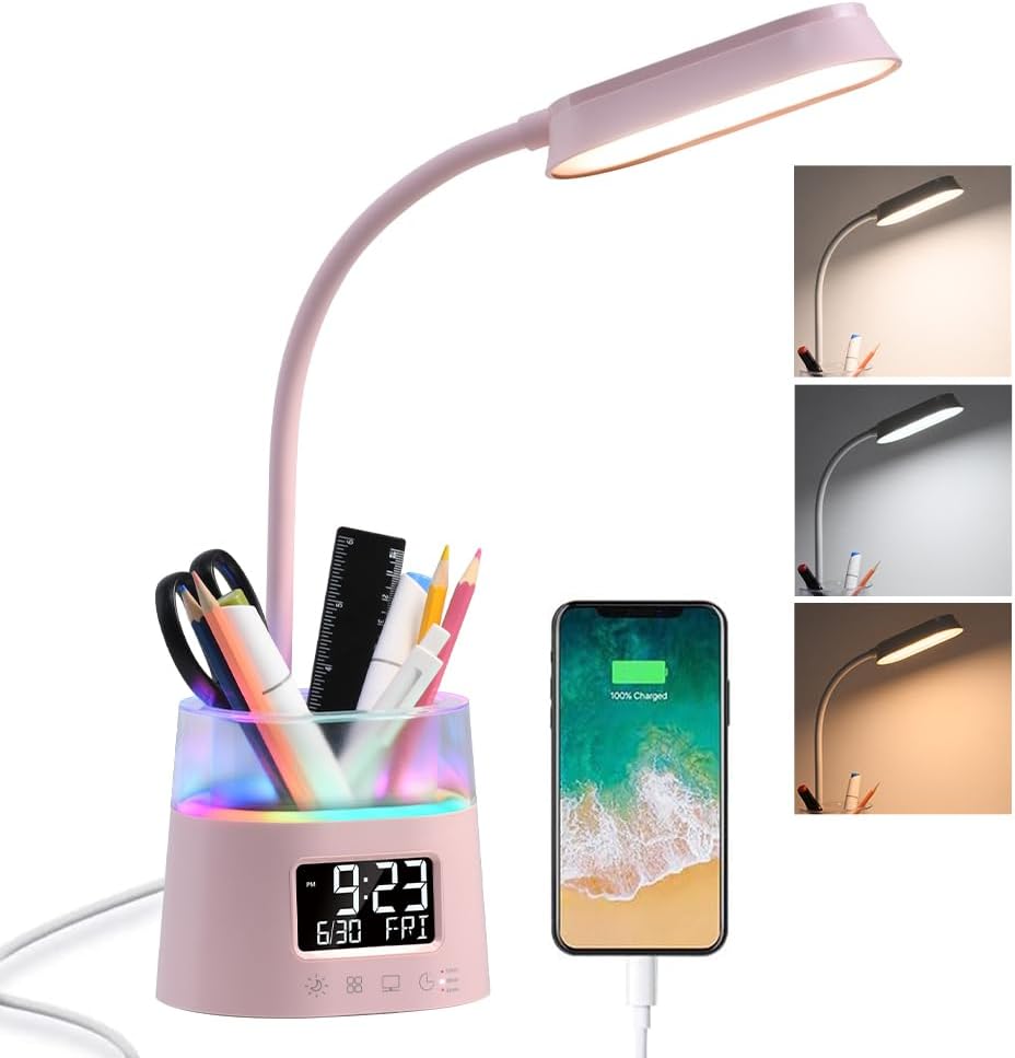 WILIT LED Desk Lamp for College Dorm Room Essentials, Students Study Lamp with USB Charging Port, Pen Holder, Clock & RGB Night Light, Office Desk Light Accessories, Table Lamp for Bedroom - Pink