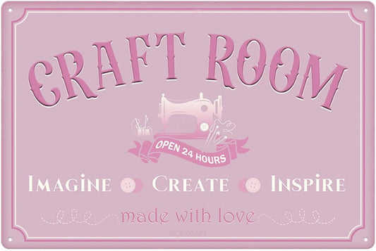 Craft Room Metal Tin Sign Wall Decor Vintage Art Poster Hanging Plaque for Home Farmhouse Kitchen Bar Cafe Office Gift for Quilters Seamstresses Tailors Sewing Addicts 12x8 Inches (Pearl Pink)