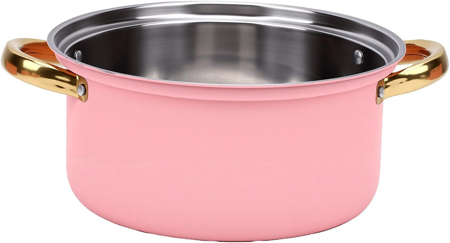 Cookware Set Stainless Steel, 5 Piece Pot Set with Glass Lids Ranging 16cm to 24cm for Boiling Simmering Frying, Dual Handle Easy Grip (Pink)