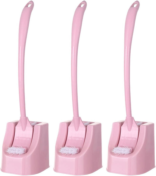 3Pcs Pink Toilet Brush Set with Long Handle and Base Household Corner Cleaning Brush for Bathroom and Holder Kit for Deep Stain Removal