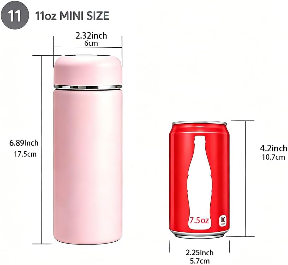 11oz Small Insulated Water Bottle, Leak Proof Stainless Steel Vacuum Insulated for Hot & Cold Drinks, Portable Mini Water Bottle for Travel, Purse or Kids Lunch Bag – Pink