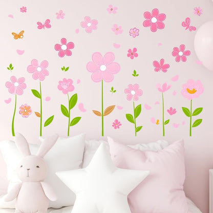 Pink Flower Wall Decals Butterfly Daisy Wall Stickers PVC Floral Decor for Girls Bedroom Living Room Nursery Kids Room