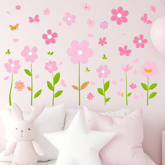 Pink Flower Wall Decals Butterfly Daisy Wall Stickers PVC Floral Decor for Girls Bedroom Living Room Nursery Kids Room