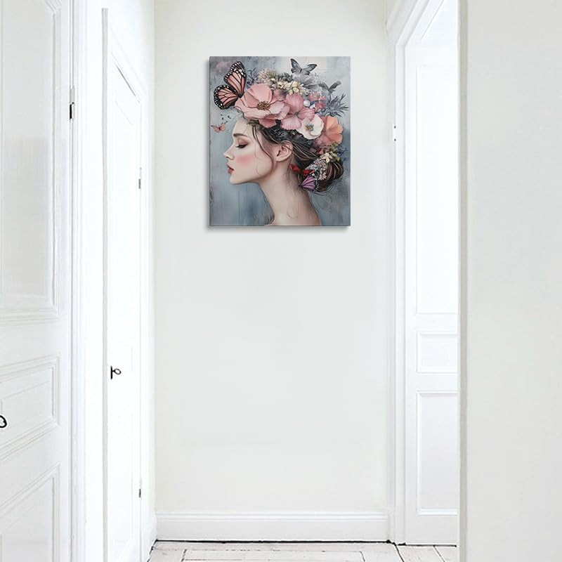 Woman with Flower Crown and Butterflies Canvas Wall Art Framed Print Painting Feminine Floral Portrait Pastel Pink Wall Decor Artwork for Bedroom Nursery Office Dreamy Ethereal Aesthetic 12x16 Inches