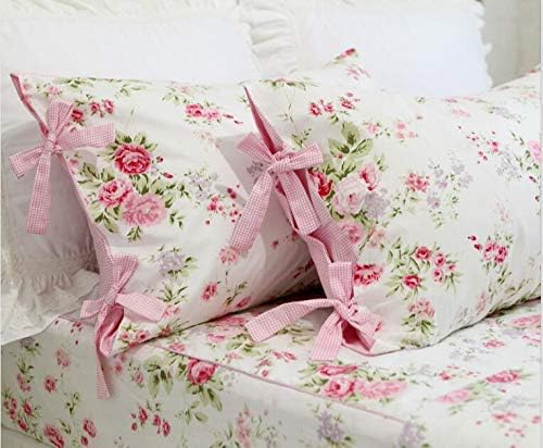 Yolley Vintage Rose Roses Pink Floral Print Pillowcases Lace Ruffles Bedding Pillow Covers Cotton Fabric Material Standared Size 19" x 29" (Pink Rose)