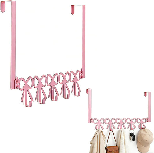 Pink Bow Bathroom Decor,Pink Bow Over The Door Hanger Organizer 5 Hooks,Door Hanger for Girls Hats Bags Clothes,Wall Mounted Towel Hanger for Bathroom,Kitchen,Room,Coquette Decor