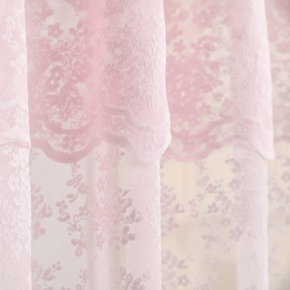 YJ YANJUN Pink Lace Shower Curtain - Vintage Shower Curtains with Attached Valance, Floral Lace Bath Curtains for Bathroom, Farmhouse Style Shabby Chic Scalloped Edge, 72 x 72 Inch, 1 Panel