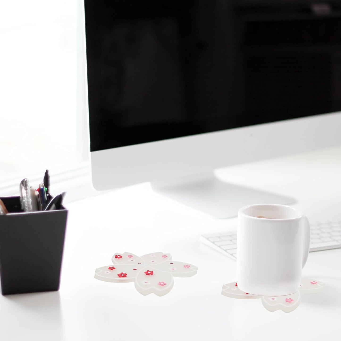 2 PCS Drink Coasters, Cute Coaster for Desk, Heat Resistant Anti-Slip PVC Cup Mat Sakura Cherry Blossom Decor (1 Pink + 1 White)