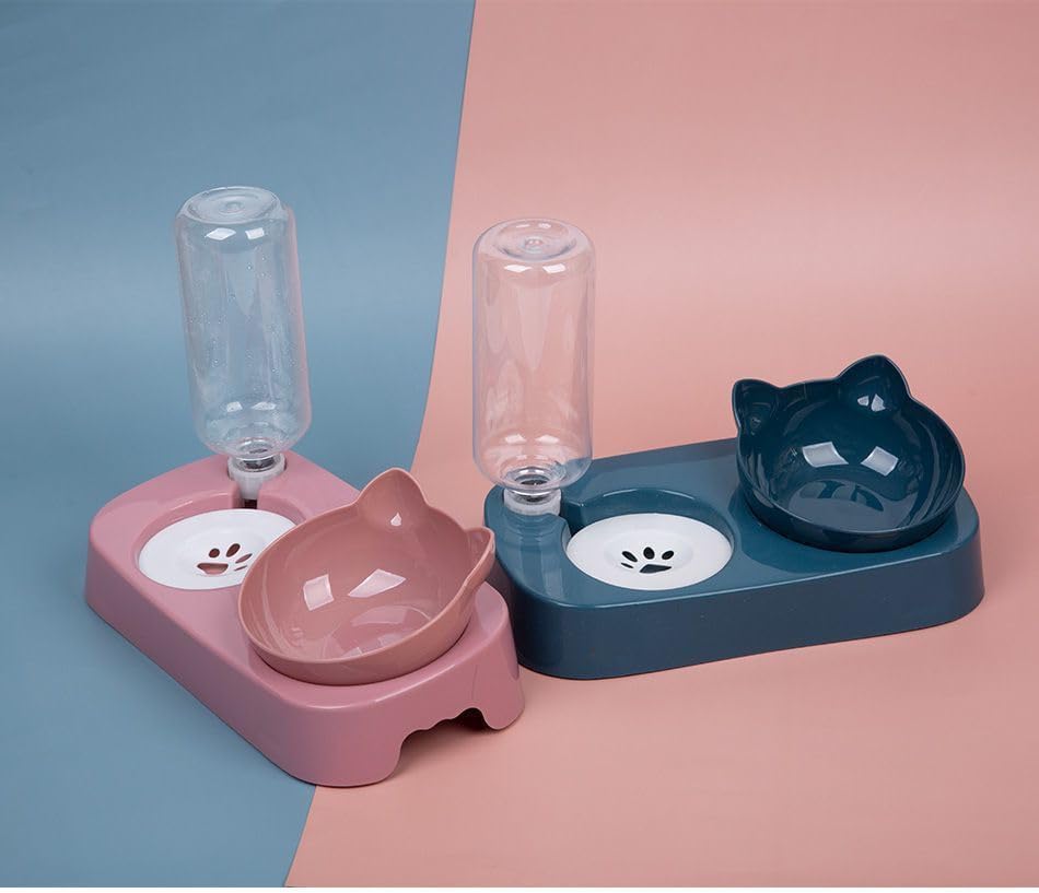 Cat Bowl, Cat Food and Water Bowl Set, 15 ° Tilted Cat Food Bowl, Cat Bowl with Automatic Water Dispenser Bottle, Detachable Wet and Dry Cat Dishs for Indoor Cats Small Dogs Puppy-Pink
