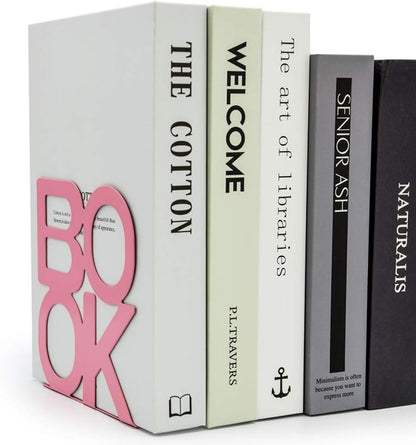 Book Ends - Decorative Metal Book Ends Supports for Bookrack Desk,Books, Unique Appearance Design,Heavy Duty (Pink, 2 Pair)