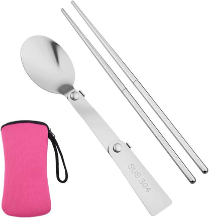 Folding Portable Spoon and Chopsticks Set with Pink Bag Stainless Steel Travel Utensils for Camping Lunch Utensils Set for Work Portable Cutlery for Women Girls