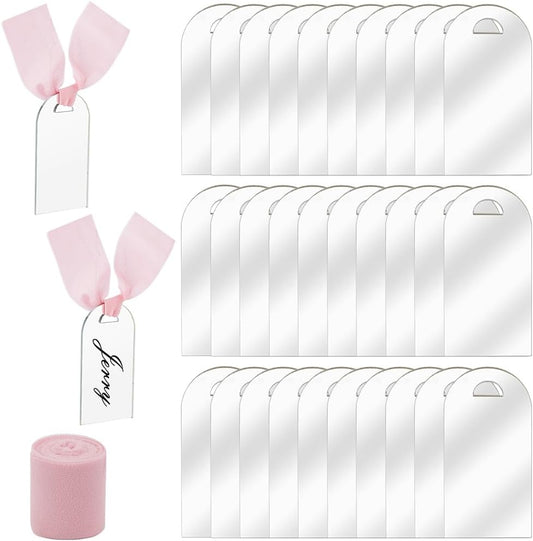 ORIGACH 30 Pcs Mirror Silver Acrylic Place Cards 3.54x1.77inch, DIY Blank Hanging Tags with Pink Ribbons for Wedding Birthday Party Anniversary Events Table Decor