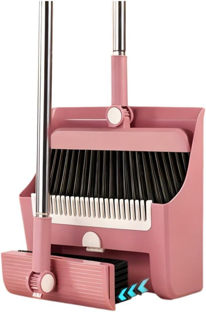 3in1 Broom and Dustpan Combo with Cleaning Teeth, Adjustable Long Handle, 180° Rotating Broom,Ideal for Pet Hair, Indoor Outdoor Heavy Duty Floor Sweeping (Pink)