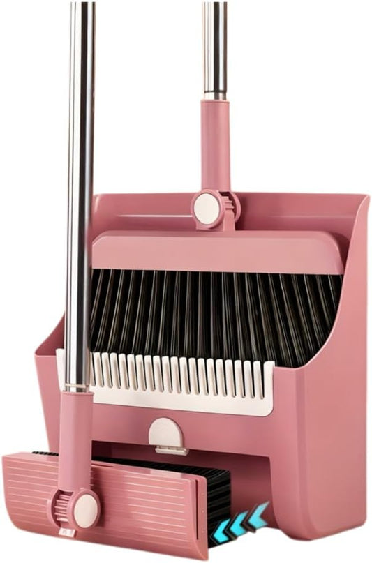 3in1 Broom and Dustpan Combo with Cleaning Teeth, Adjustable Long Handle, 180° Rotating Broom,Ideal for Pet Hair, Indoor Outdoor Heavy Duty Floor Sweeping (Pink)